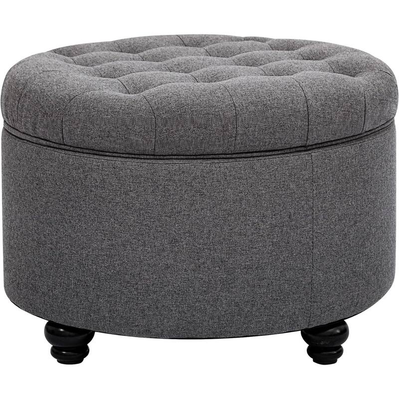 Large Button Tufted Fabric Round Storage Ottoman with Storage for Living Room & Bedroom,Dark Grey - Black - Large