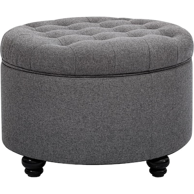 Large Button Tufted Fabric Round Storage Ottoman with Storage for Living Room & Bedroom,Dark Grey