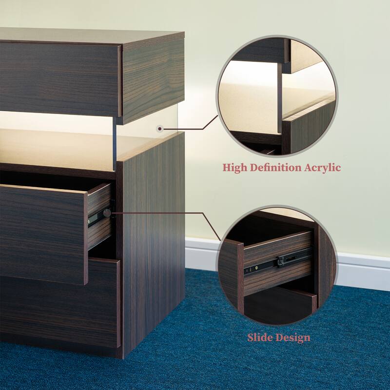 LED Nightstands 3 Drawer Dresser for Bedroom End Table with Acrylic Board LED Bedside Tables