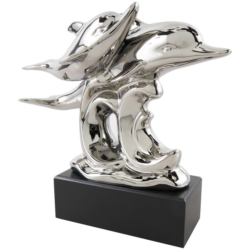 Silver Ceramic Animal Sculpture with Black Block Base