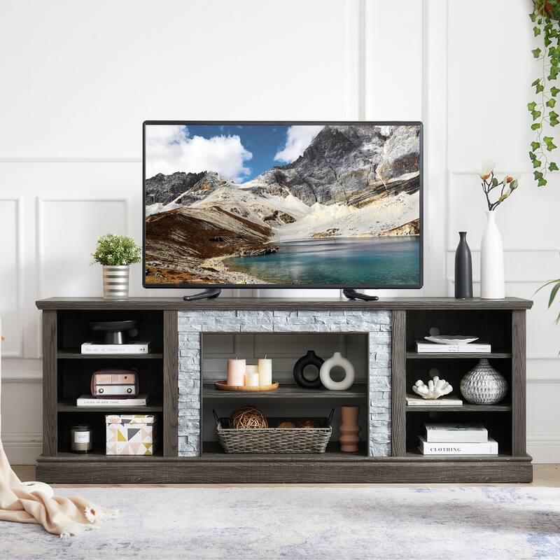 Large TV Desk Storage Rack with Faux Stacked Stone Surround