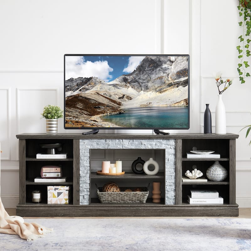 TV Media Stand with Faux Stacked Stone, Console Table with Large Storage Cabinet, Media Entertaionment Stand with Shelves