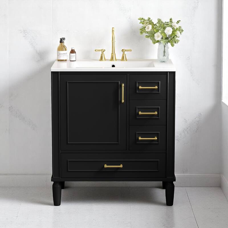 30" Freestanding Bathroom Vanity with Ceramic Sink, Soft Close Door and Drawers, Solid Wood Frame, Modern Storage Cabinet - Black