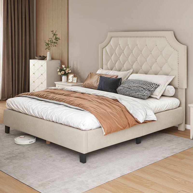 Moasis Upholstered Tufted Bed Frame with Adjustable Height Headboard - Velvet Beige - Full
