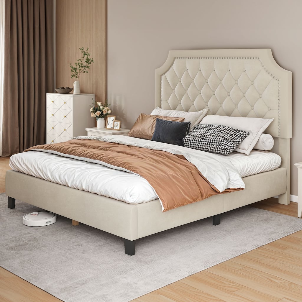 Moasis Upholstered Tufted Bed Frame with Adjustable Height Headboard