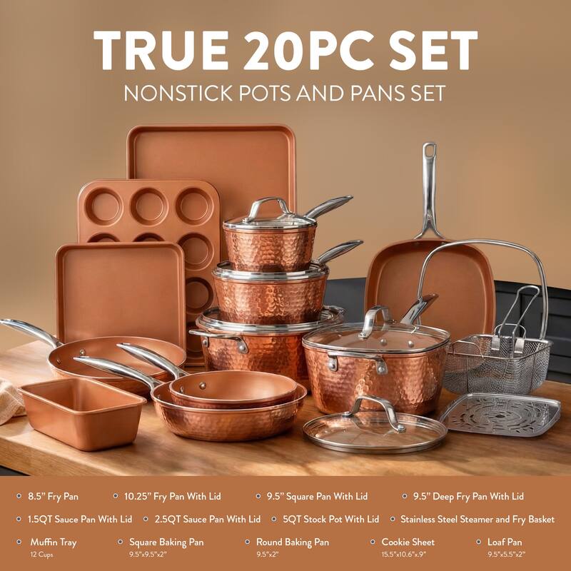 Gotham Steel Hammered Pots and Pans Copper 20 Piece Ceramic Nonstick Induction Cookware and Bakeware Set