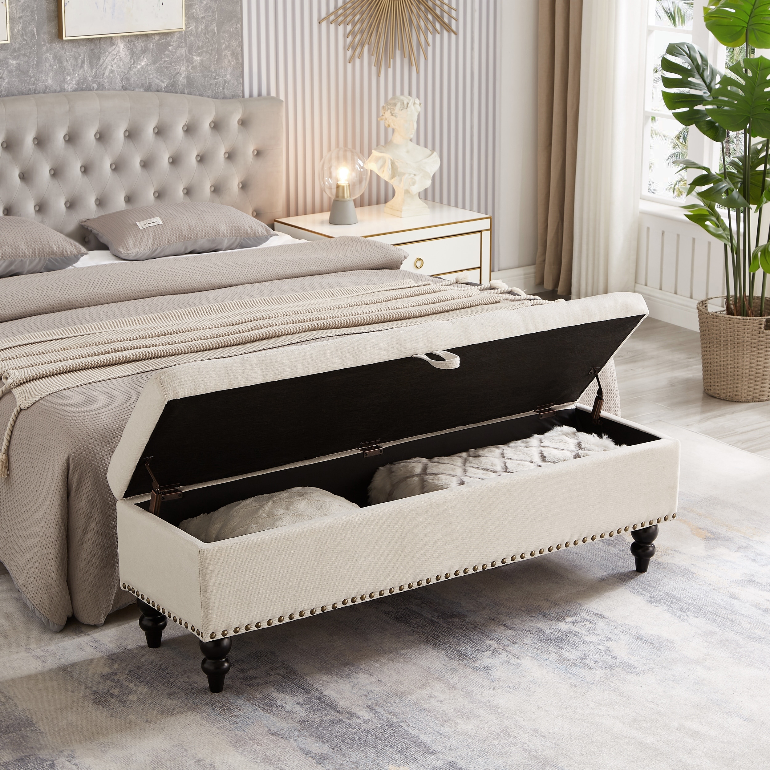 Bed Bench Ottoman With Storage And Beige Fabric Upholstery For Comfortable Seating