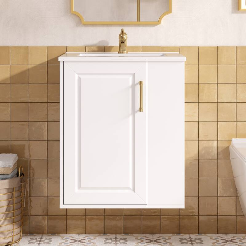 Wall Mounted Bathroom Vanity with Ceramic Sink, 20" Small Floating Bathroom Cabinet with Side Cabinet, White - 20 Inch - White - 20 Inch
