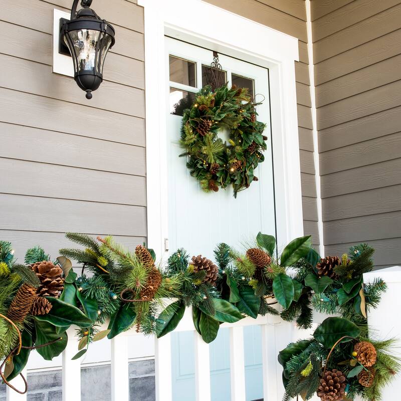 30 in. Holiday Wreath with Lights - Magnolia Leaf - Green