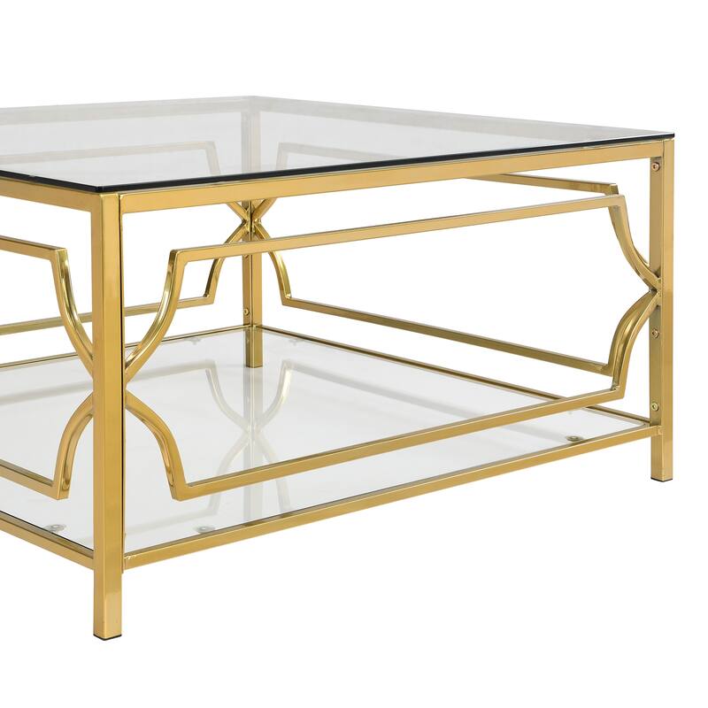 33.5" Square Glass Coffee Table, Modern Metal Frame Table with Tempered Glass Top & Lower Shelf, Luxury Living Room Accent Table