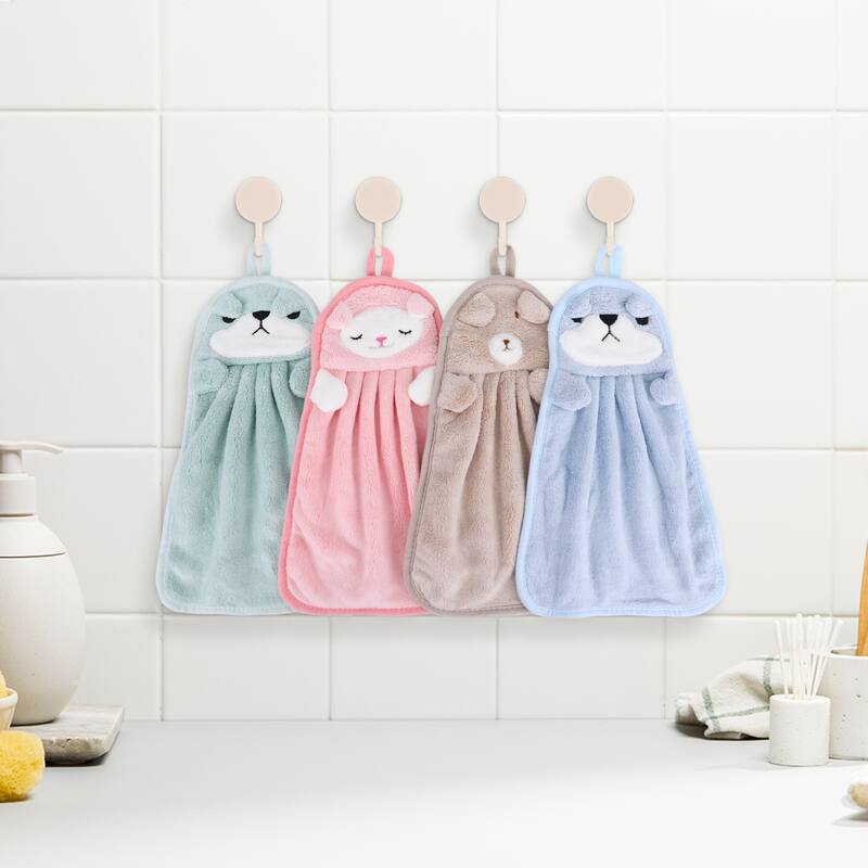 6 Pack Cute Animal Children Hand Towels with Hanging Loop, Soft Absorbent Quick Dry Towel for Bathroom, Kitchen 9" x 14"