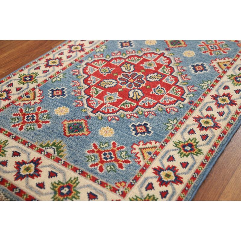 Geometric Blue Kazak Oriental Accent Foyer Rug Handmade Wool Carpet - 2'0"x 3'0"