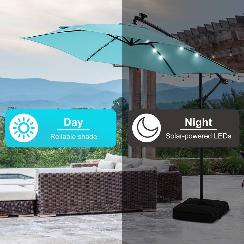 Autlaycil 10ft Offset Hanging Market Patio Umbrella With Base&Solar Lights