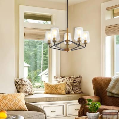 Dining Room Chandelier, 5-Light Gold Chandelier with Clear Glass Shades