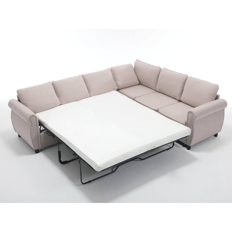 104" Polyester L-Shaped 6-Seater Sleeper Sofa with Pull-Out Queen Bed and 7 Removable Cushions