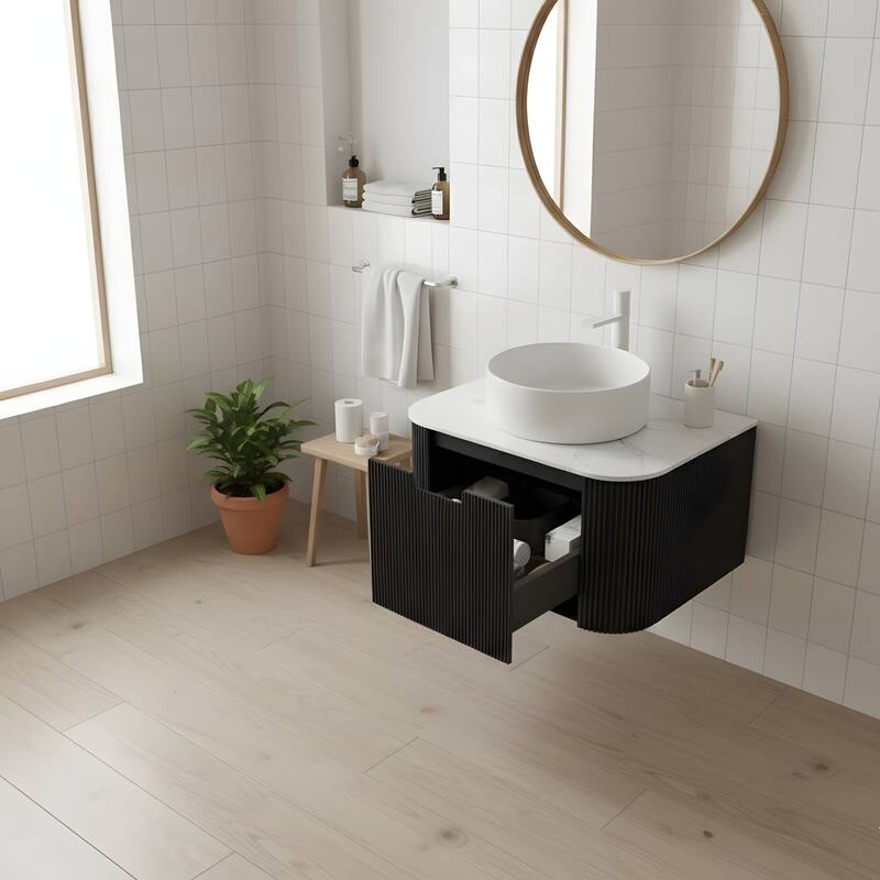 Wall Mounted Bathroom with White Round Ceramic Basin and Drawer