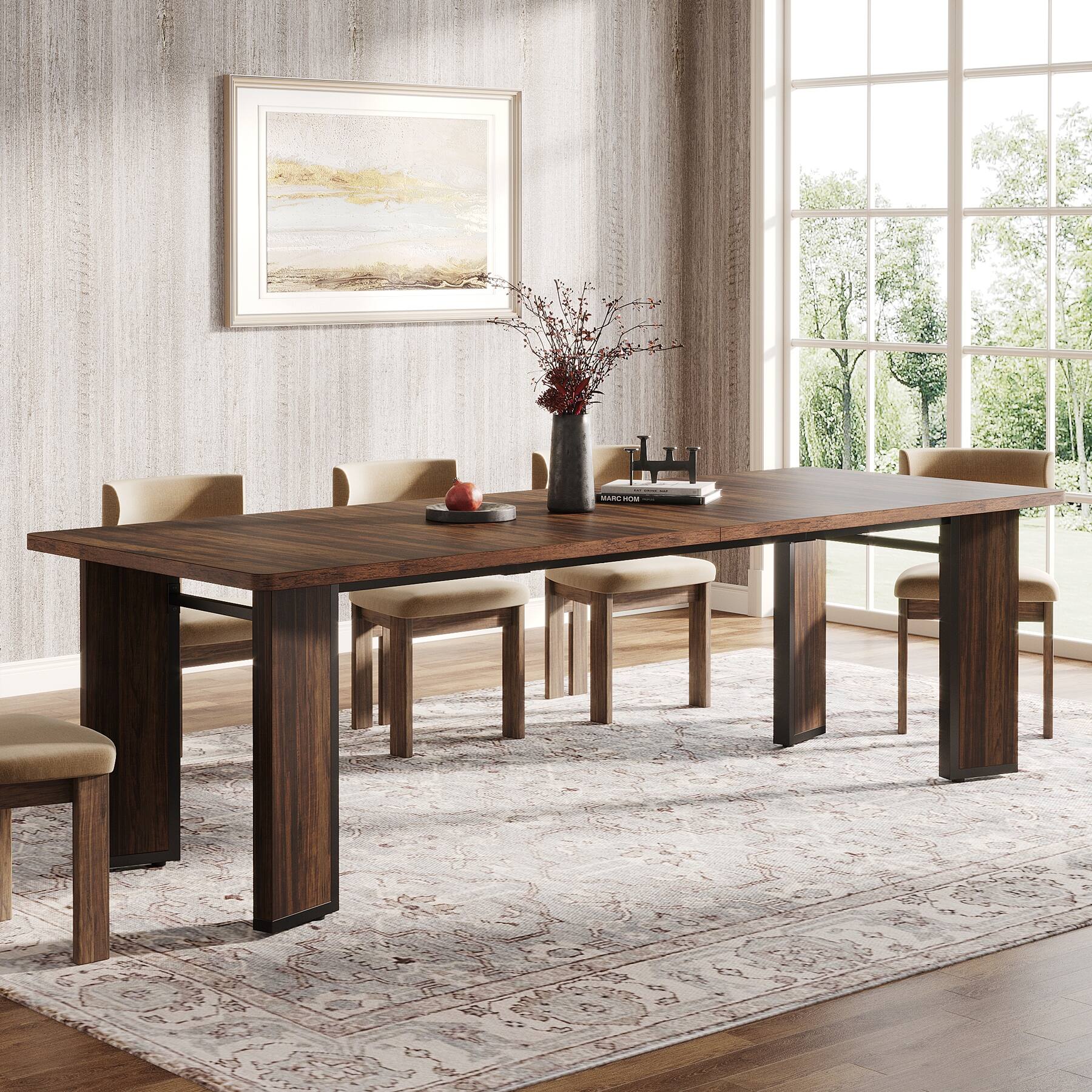 78 Inch Rustic Farmhouse Dining Table - Rectangular Wood Table For 6-8 People, Walnut Finish