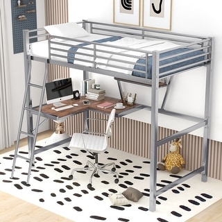Twin Size Loft Bed with Built-in Desk and Shelf, Sturdy Metal & MDF Frame