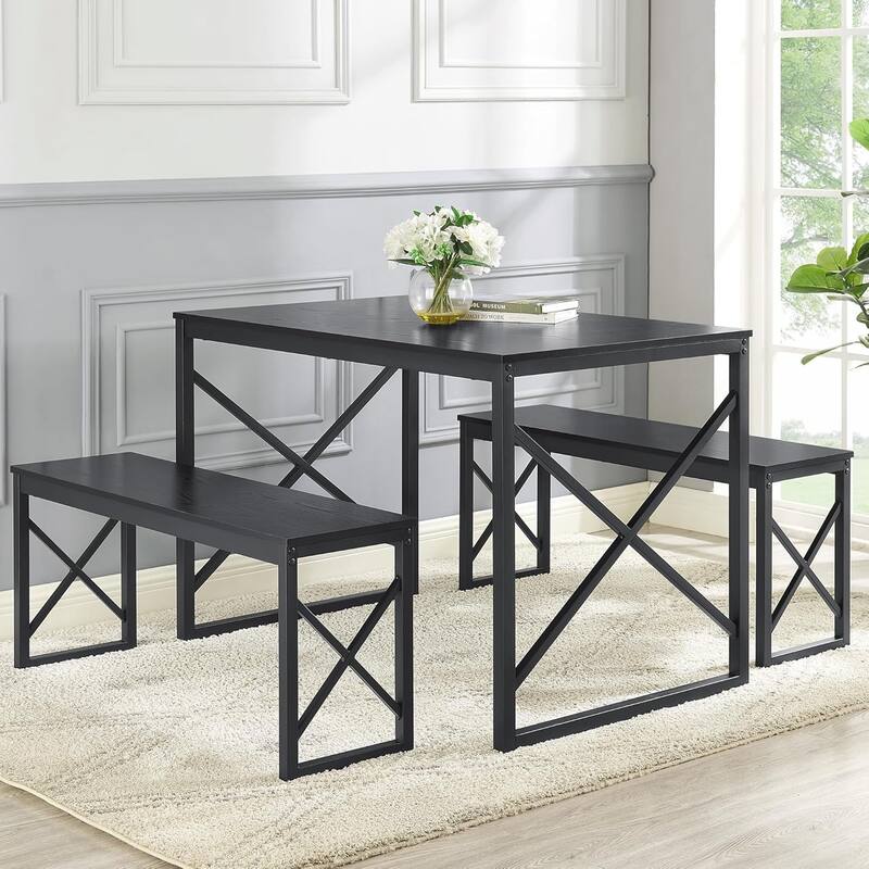 44.3" Dining Table with Benches Kitchen Table set for 4 Rectangular Dining Room Table Set with 2 Metal Wood Benches