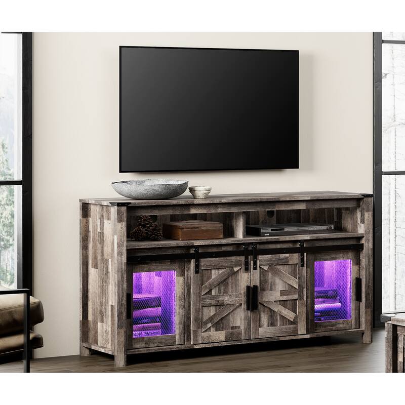 Highboy TV Console with LED Lights, Farmhouse & Industrial, 59 Inch