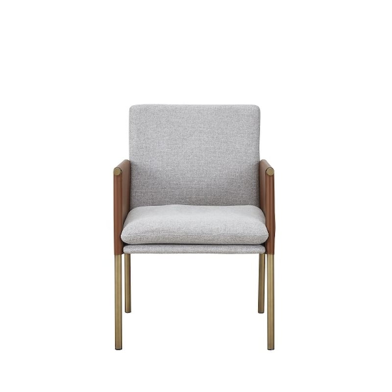 Light Grey Fabric Armchair with Antiqued Brass Metal Legs and Solid Back - 23.5" x 22” x 32.5” (D x W x H)