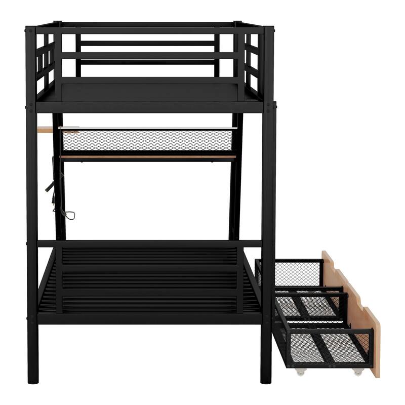 Merax Metal Bunk Bed with Built-in Desk, Light and 2 Drawers