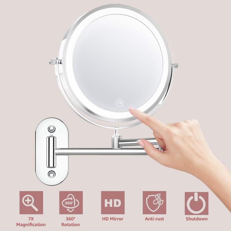 Yulika Rechargeable Lighted Wall Mounted Makeup Mirror with 3 Color Lights Double Sided 1X/10X or 1X/7X