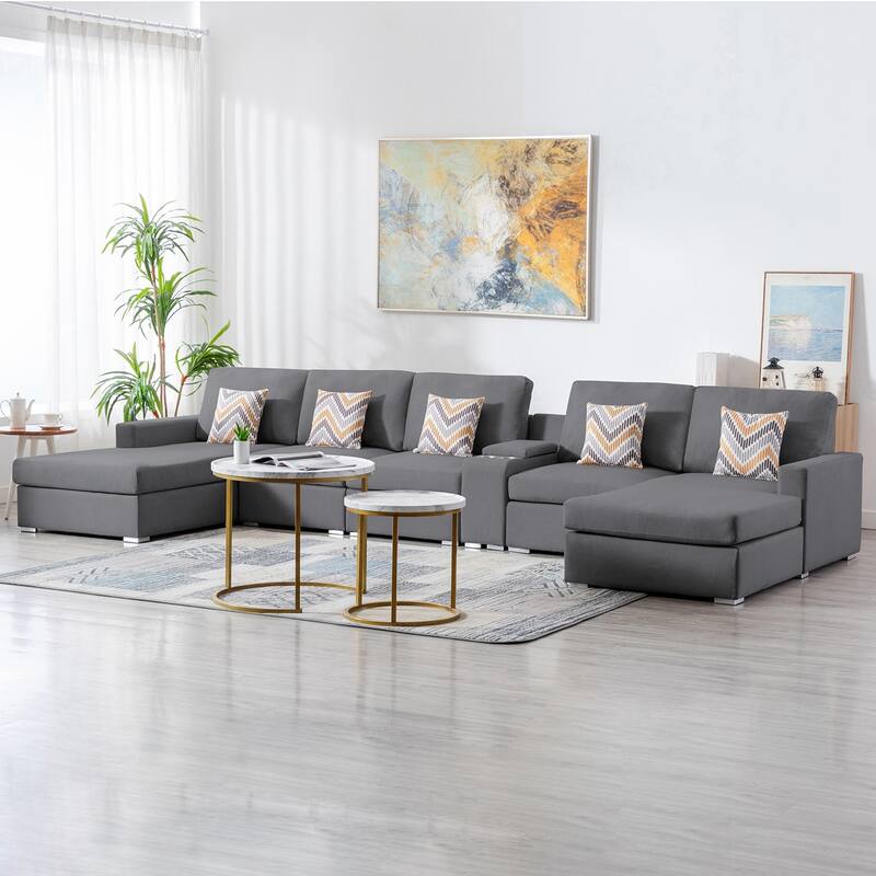 Linen Fabric 6 Piece Double Chaise Sectional Sofa with Storage Console Table and 5 Pillows