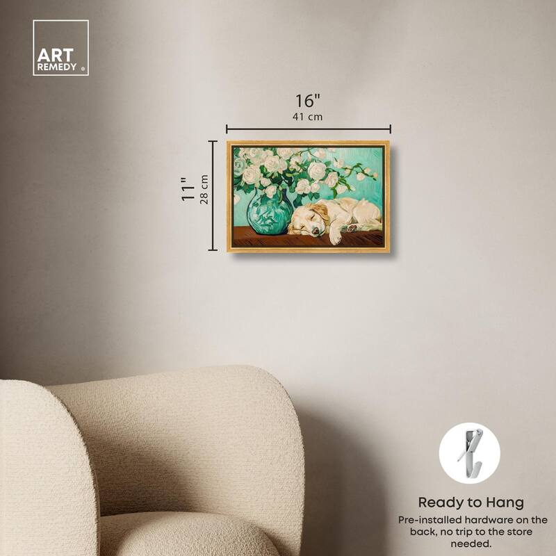 Rose Vase Puppy Canvas by Art Remedy