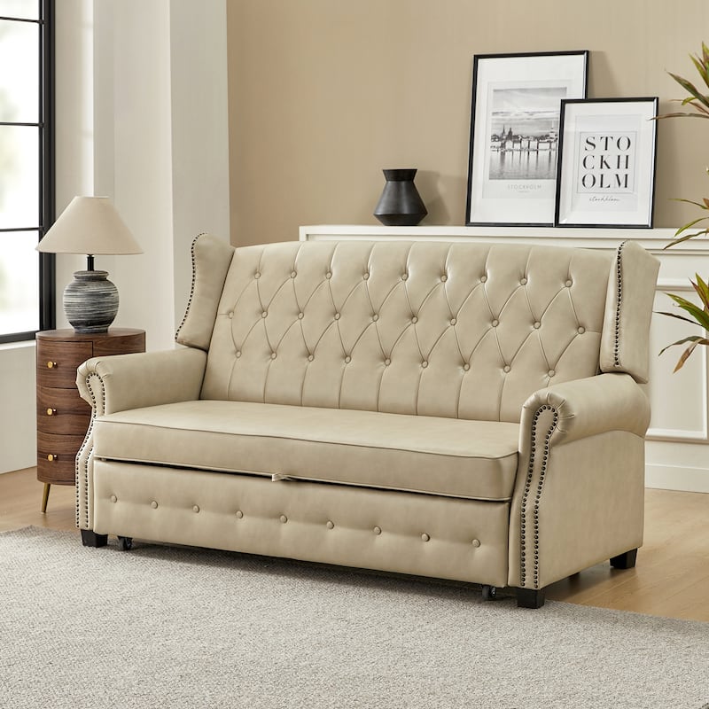 Ruedi Transitional 73.6" Vegan Leather Sofa Bed with Tufted Back and Nailhead by HULALA HOME - Beige