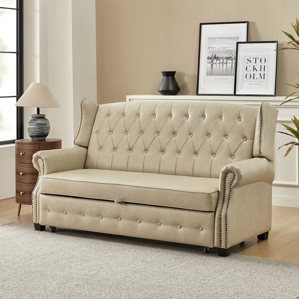 Ruedi Transitional 73.6" Vegan Leather Sofa Bed with Tufted Back and Nailhead by HULALA HOME