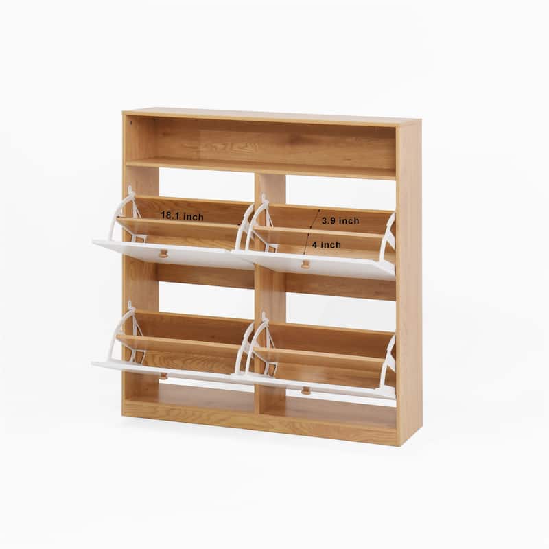 Freestanding Shoe Storage Cabinet with 4 Flip Drawers and Wood Handle