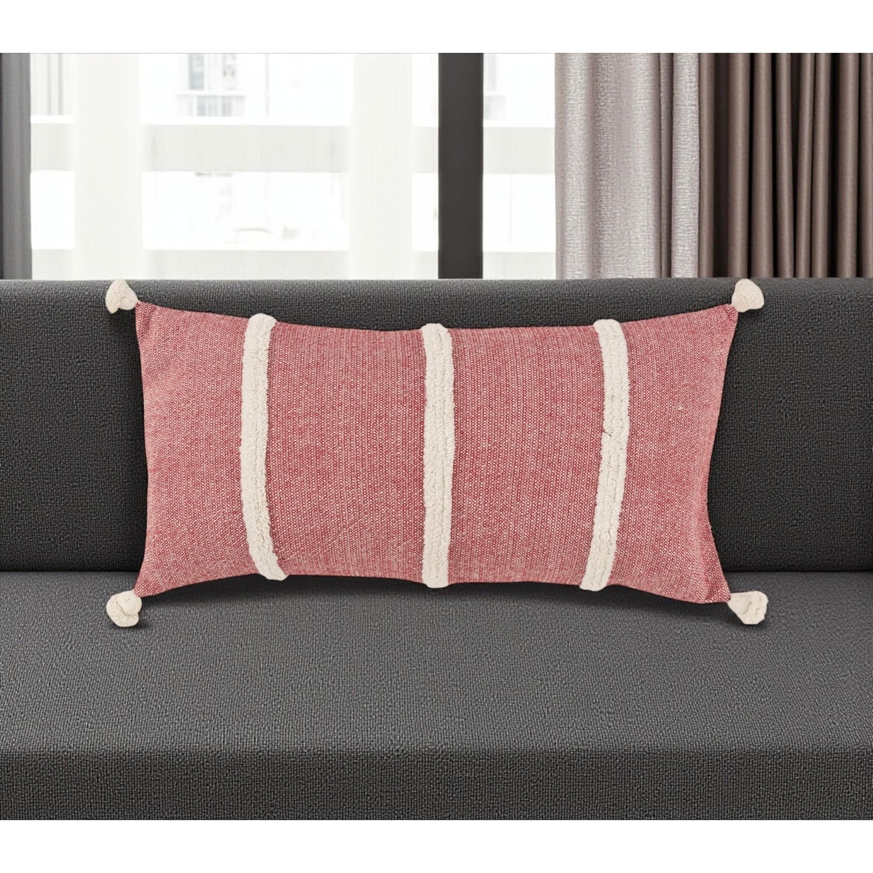 HomeRoots 14" X 26" Red And White Lumbar Weave Cotton Throw Pillow with Tassels