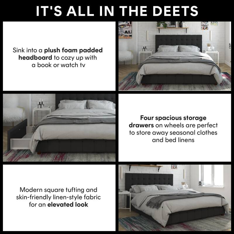 Roomfitters King Velvet Upholstered Bed Frame with Storage Drawers and Square Tufted Headboard, Black