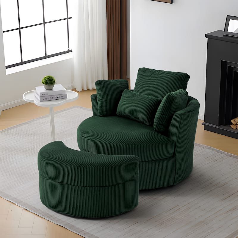 Upholstered Swivel Accent Chair with Wooden Tray Storage Ottoman