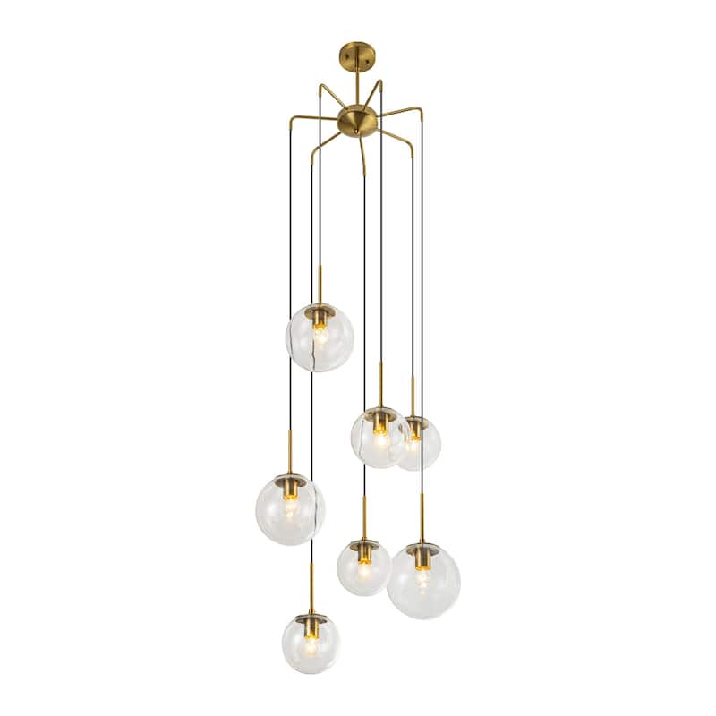 7-Light Modern Linear Cluster Gold Clear Glass Globe Bubble Chandelier Light for Stairways - 23.62 in. W x 47.24 in. H