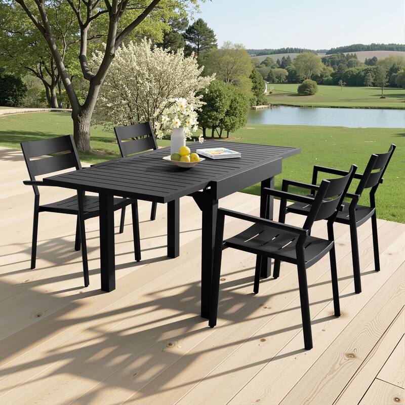 VredHom 5-PC Outdoor Patio Aluminum Expandable Rectangle Table Dining Set with Chairs