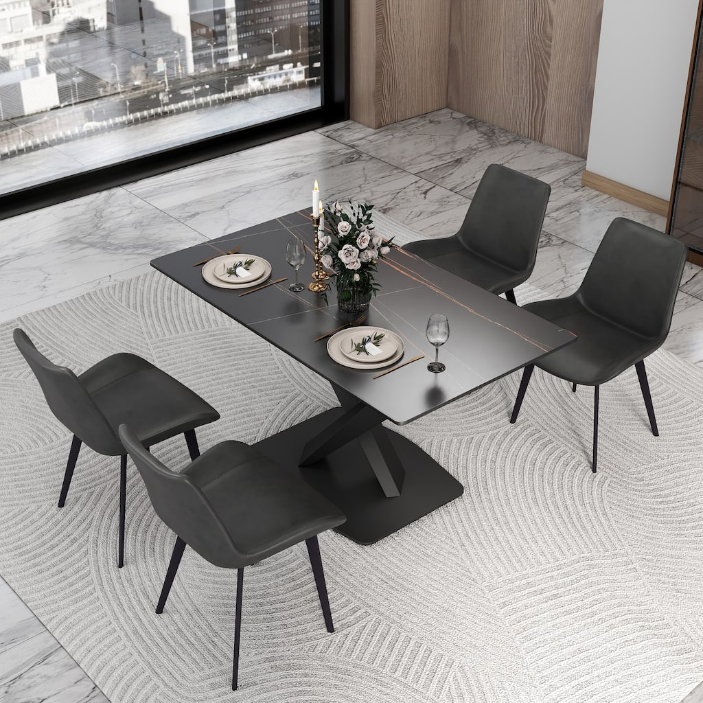 White 55 Inch Sintered Stone Kitchen Table with X-Shape Carbon Steel Pedestal, Minimalist Sintered Stone Tabletop
