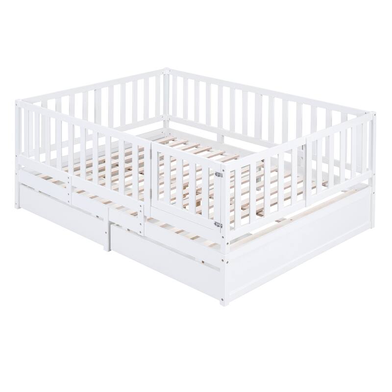 Modern Wood Daybed with Fence Guardrails and 2 Drawers
