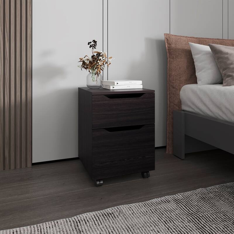 Compact Nightstand with 1 Door, 1 Drawer, and Caster Base in Rich Wengue Finish - Brown