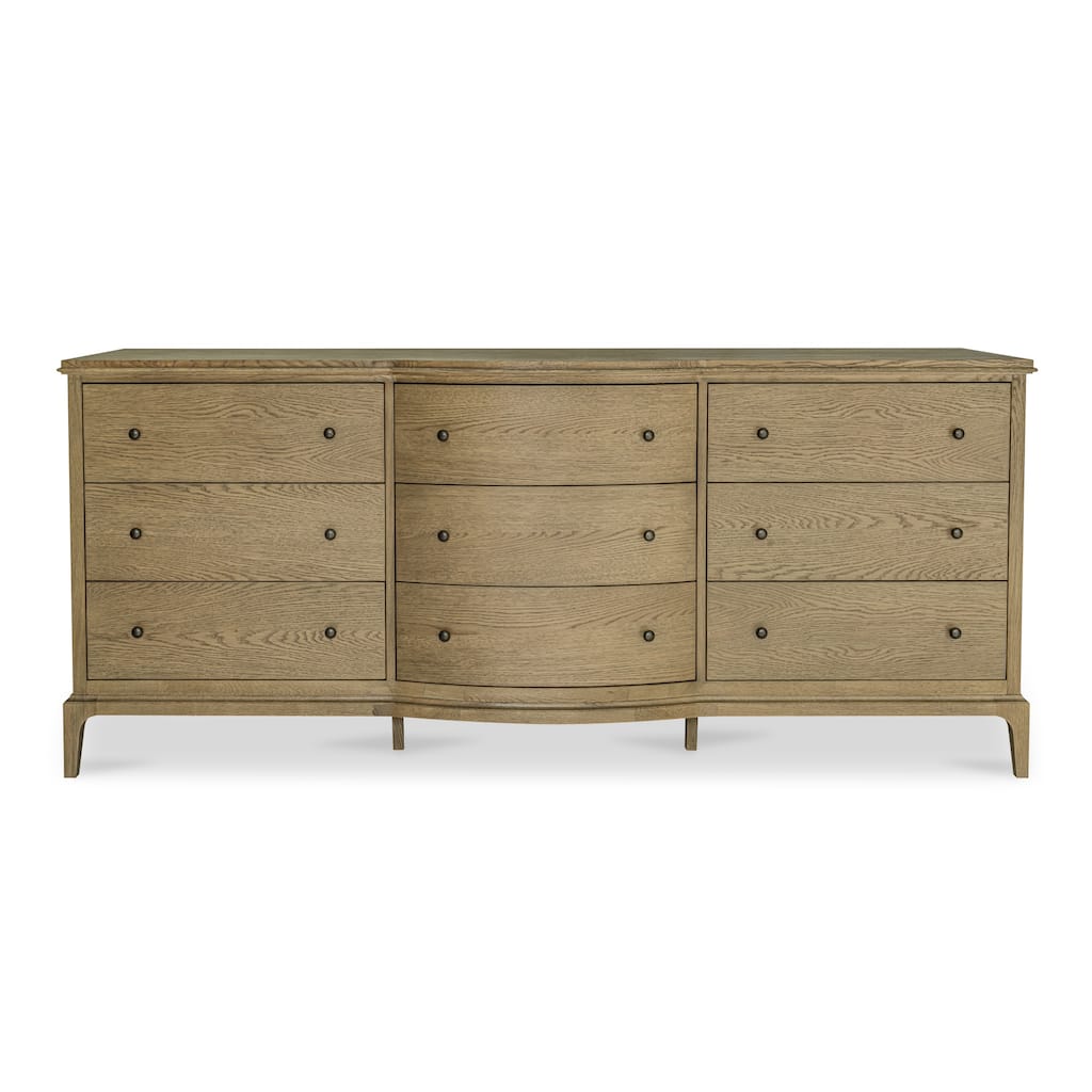 NADAAL STUDIOS Maerin Dresser, Nine Drawer Oak Form with Rounded Overhang and Curved Center Detail, Brown