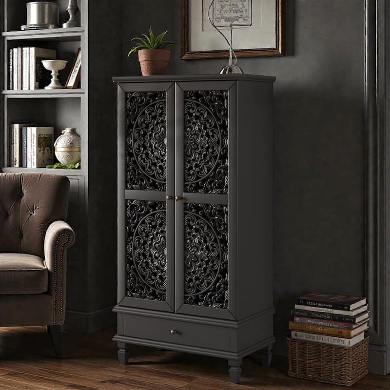 55'' Rustic Tall Storage Cabinet with Drawer, Carved Wood 2-Door Accent Cabinet with Solid Wood Legs for Living Room
