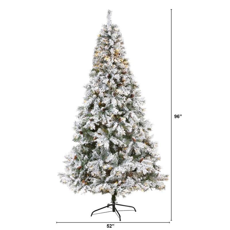 8' Pre-Lit Flocked River Mountain Pine Artificial Christmas Tree, Warm Clear LED Lights - 8 Foot