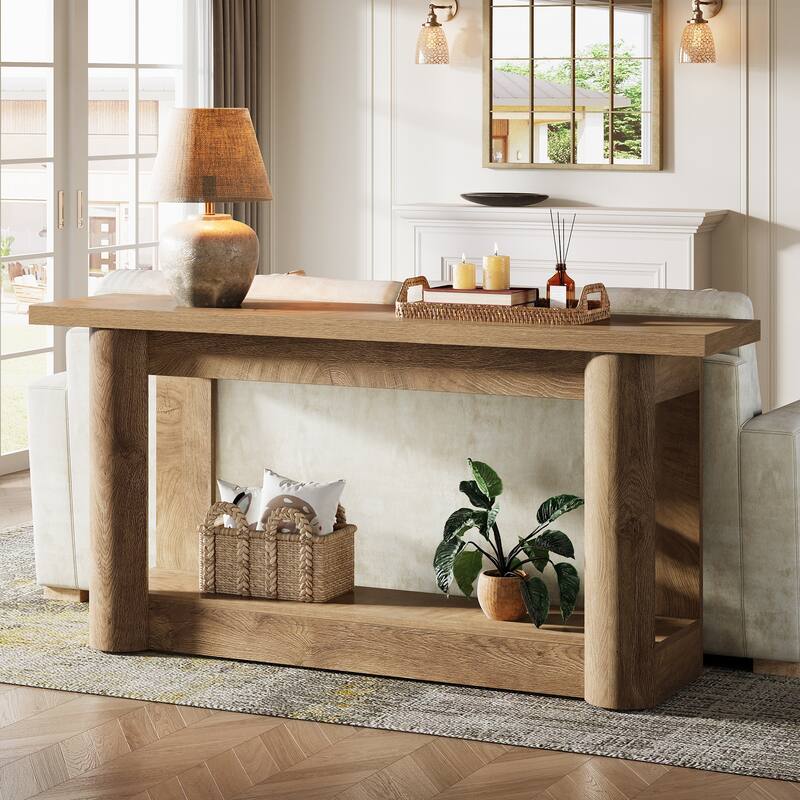 63-Inch Farmhouse Console Table, 2-Tier Narrow Long Sofa Table - Light Brown