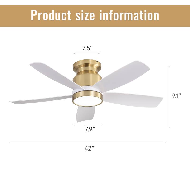 Indoor 42 Inch Flush Mount Ceiling Fan with Light, 5 White Reversible Fan Blades Ceiling Fan for Bedroom Living Room Office