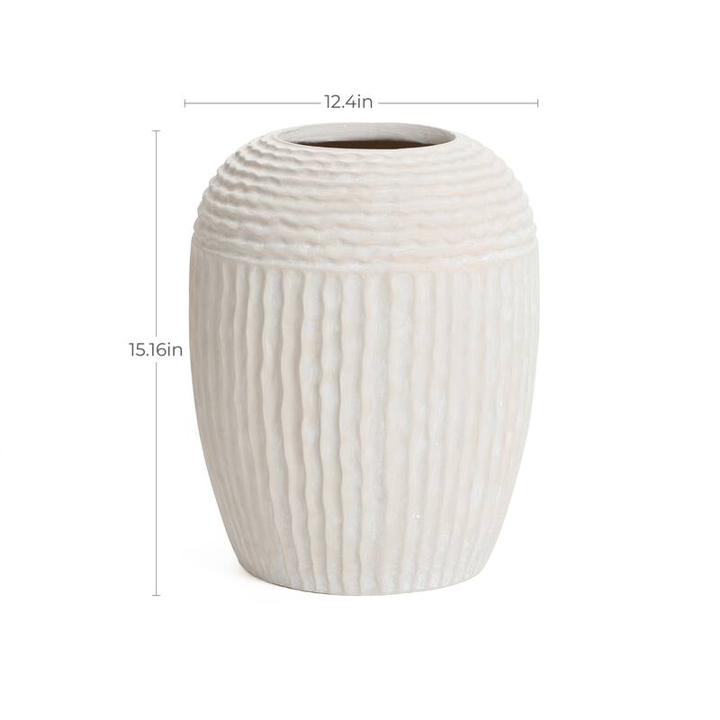 Beige Ribbed Round 15.2-Inch Tall MgO Vase