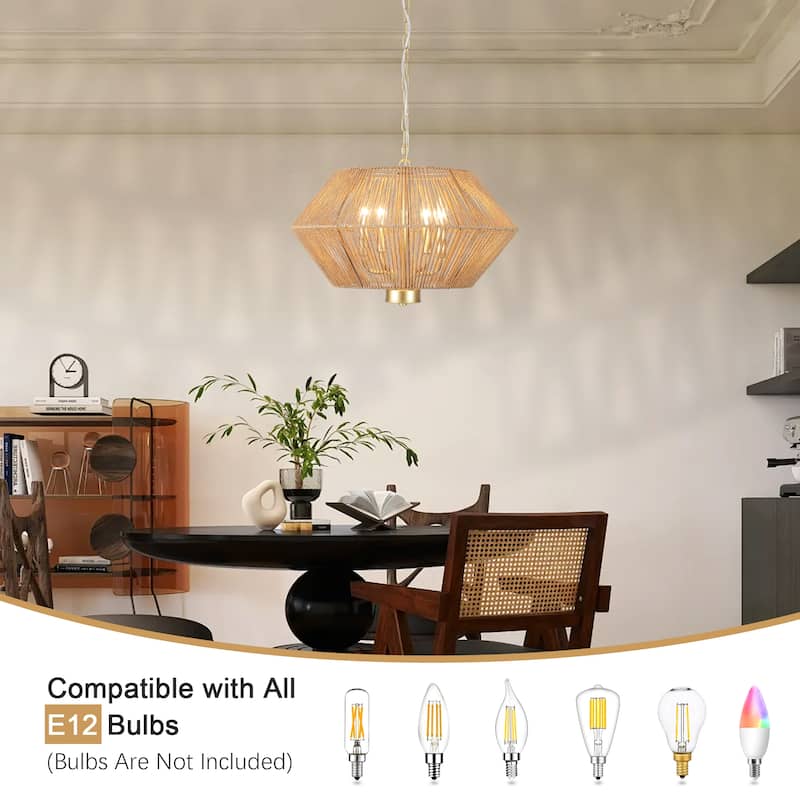 4-Light Bohemian Hand Woven Drum Chandelier Rattan Pendant - N/A