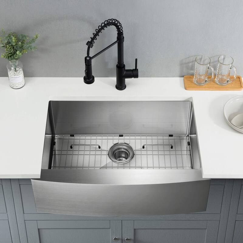 Handcrafted Farmhouse Apron Single Bowl Real 16 gauge Stainless Steel Kitchen Sink with Strainer and Grid