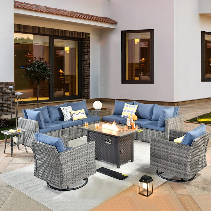 HOOOWOOO 11-piece Rattan Wicker Outdoor Furniture Set Swivel Chairs with Fire Pit - Denim Blue