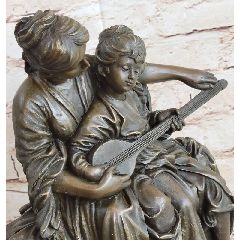 Mother And Playing Music Guitar 100 Percent Solid Bronze Sculpture Figurine Figure Sale
